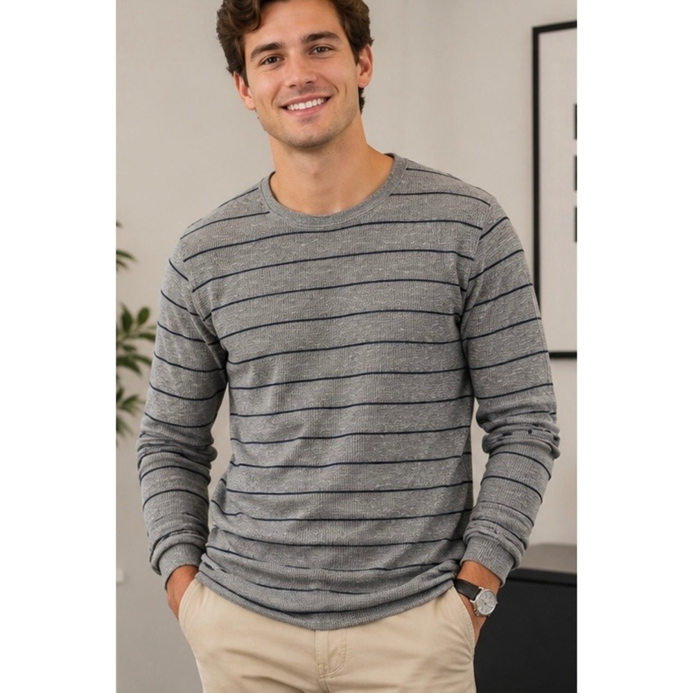 Banana Republic Mens Thermal Shirt Blue Large Striped Waffle Knit Long Sleeve